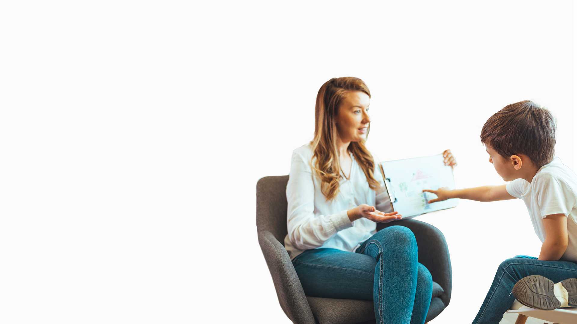 Young child psychologist working with little boy-white-bg1